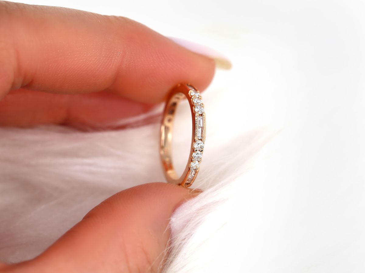 Ready to Ship Gabriella 14kt WITH Milgrain Round Baguette Diamond ALMOST Eternity Ring