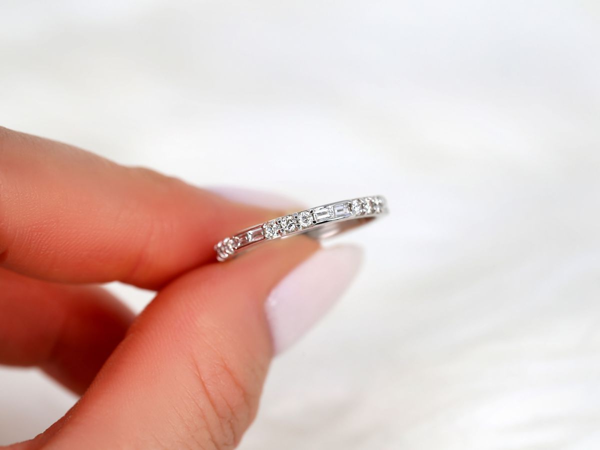 Ready to Ship Gabriella 14kt White Gold WITHOUT Milgrain Round Baguette Diamond ALMOST Eternity Ring