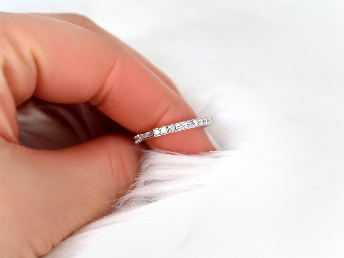 Ready to Ship Gabriella 14kt White Gold WITHOUT Milgrain Round Baguette Diamond ALMOST Eternity Ring