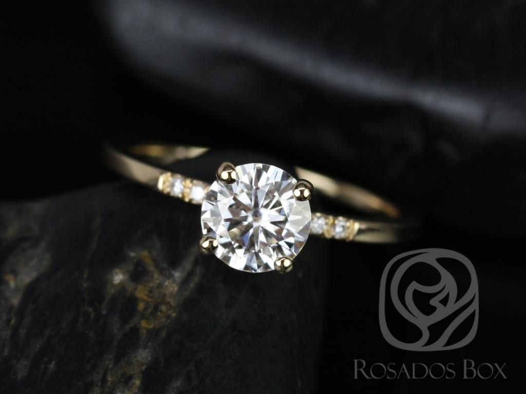 1ct Gigi 6.5mm 14kt Moissanite Diamonds Short-Stop Round Solitaire Ring by Rosados Box