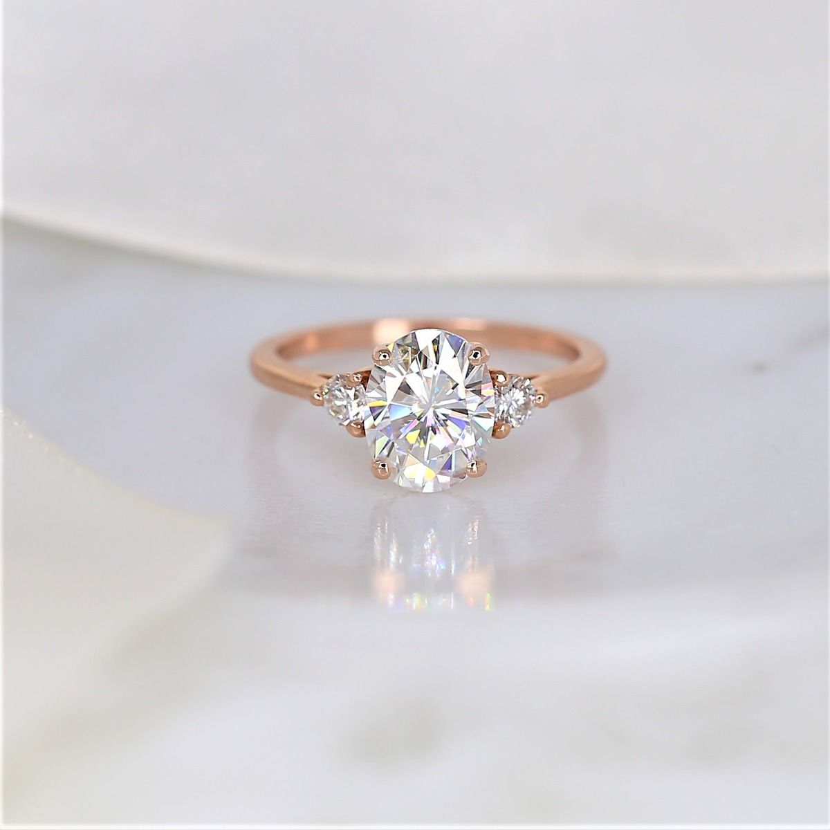 2ct Gloria 9x7mm 14kt  Gold Oval Moissanite Diamonds Three Stone Ring by Rosados  Box 