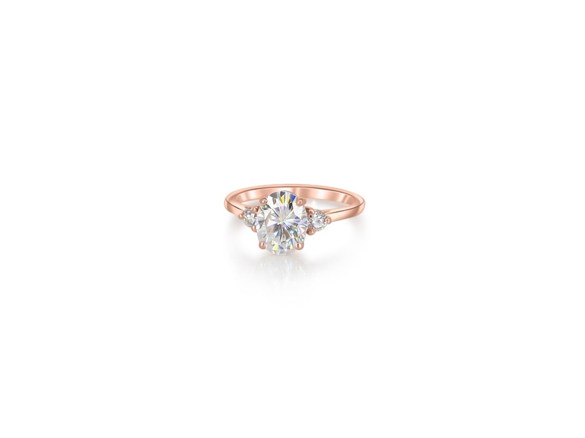 2ct Gloria 9x7mm 14kt Rose Gold Oval Moissanite and Diamonds Three Stone Ring by Rosados Box 