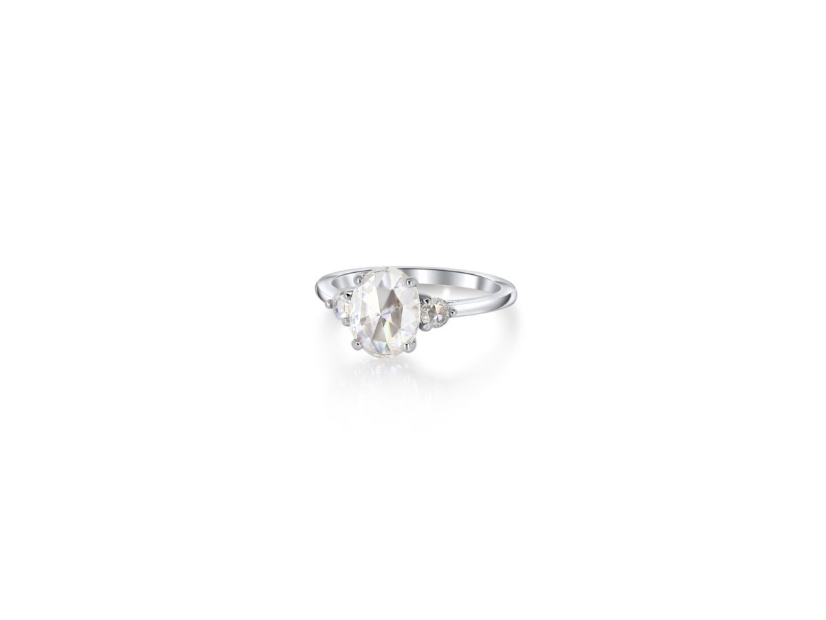 1ct Rose Cut Gloria 9x7mm 14kt White Gold Moissanite Minimalist 3 Stone Oval Ring by Rosados Box 