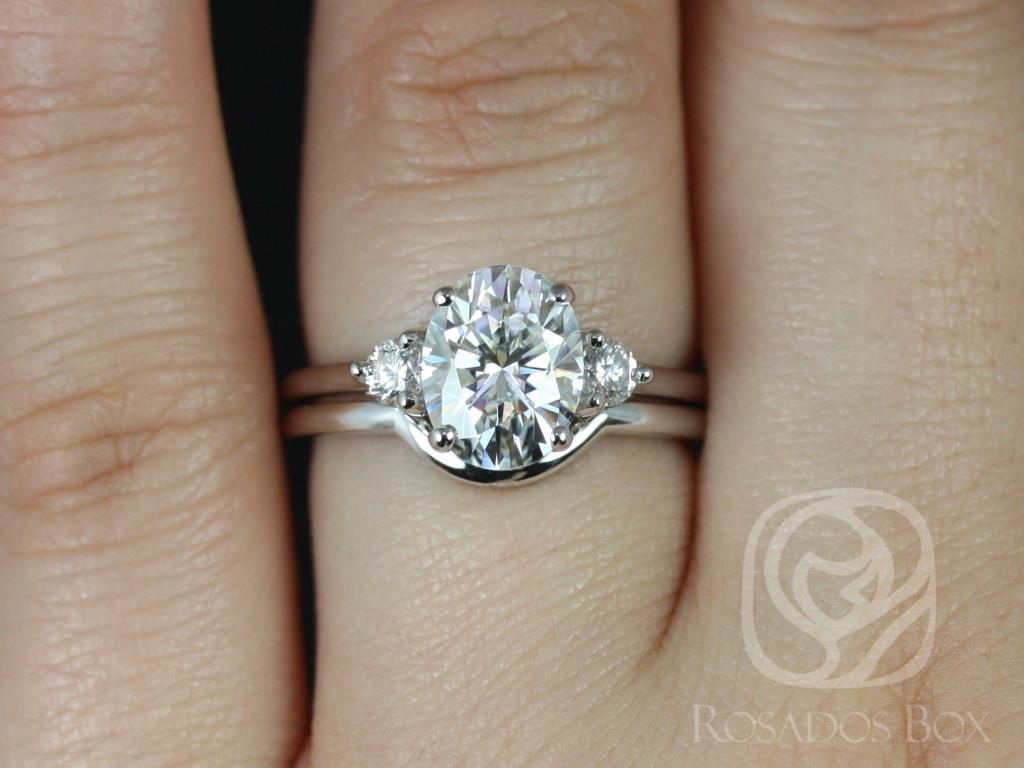 2ct Gloria 9x7mm 14kt Gold Moissanite and Diamonds Three Stone Oval Bridal Set by Rosados Box