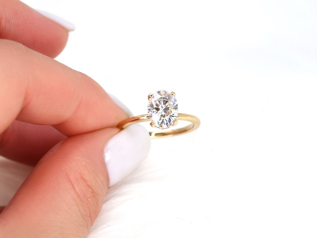 2ct Harper 9x7mm 14kt Yellow Gold Moissanite Diamond Basket Oval Solitaire Ring