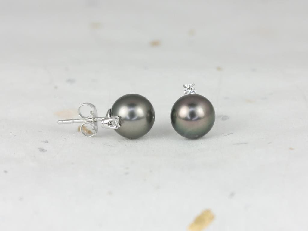 Rosados Box Ready to Ship Tahitian Black Pearl 8-8.5mm & Diamond 14kt White Gold Classic Stud Earrings (Basics Collection)