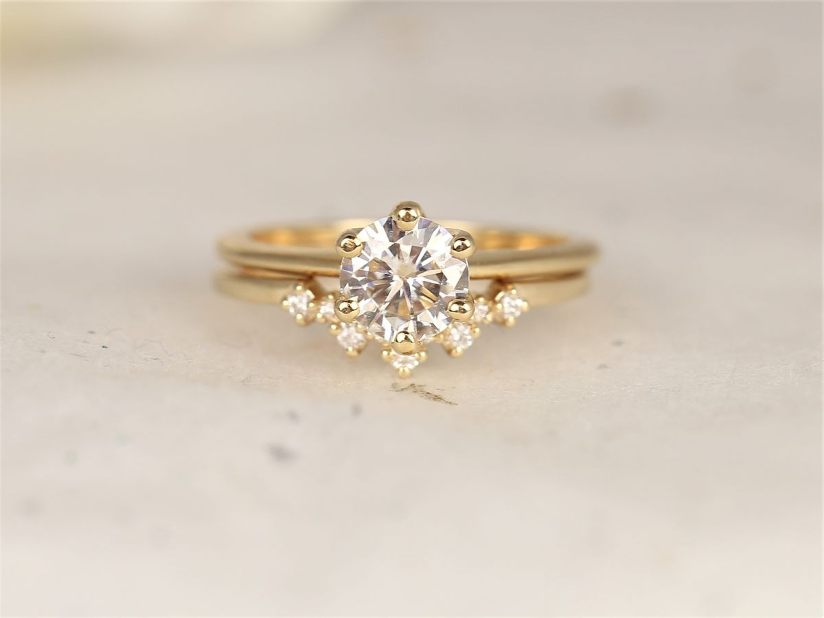 1ct Skinny Webster 6.5mm & Remy 14kt Gold Moissanite Diamond Six Prong Round Solitaire Bridal Set by Rosados Box