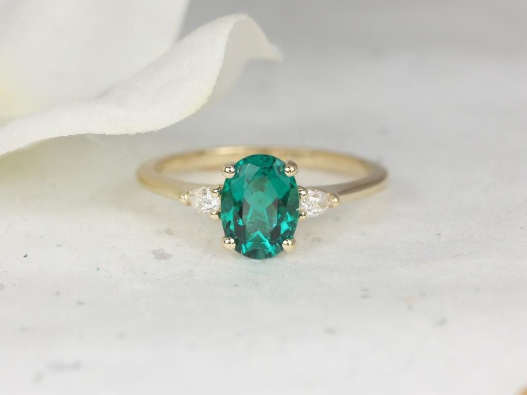 Rosados Box Petite Emery 8x6mm 14kt Gold Oval Emerald Diamond Dainty Pear 3 Stone Engagement Ring