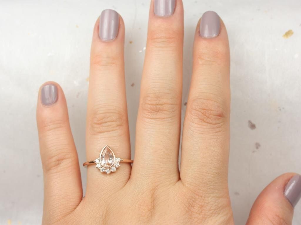 Rosados Box Oana 8x5mm 14kt Rose Gold Pear Morganite and Diamonds Bezel Crescent Sunrays Engagement Ring