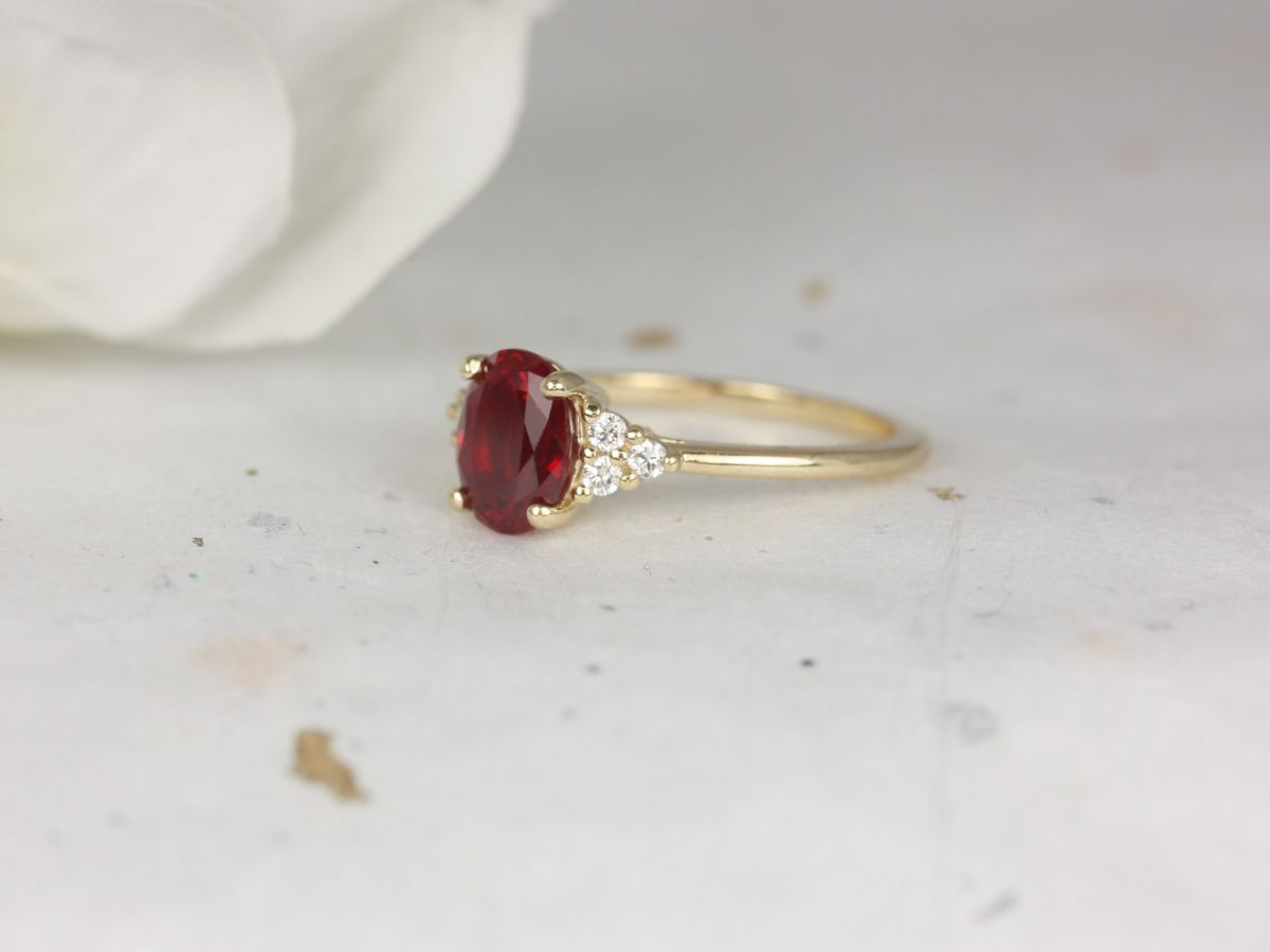 Rosados Box Juniper 8x6mm 14kt Gold Ruby Diamonds Dainty Oval Cluster 3 Stone Engagement Ring