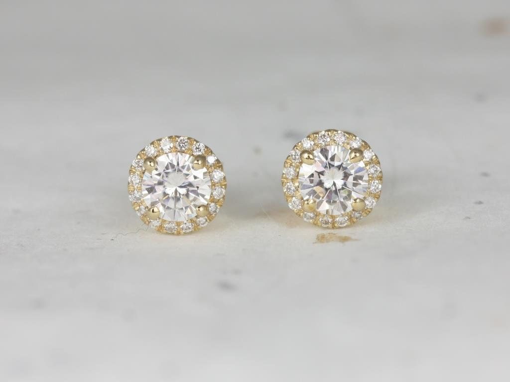Rosados Box Ready to Ship Gemma 5mm 14kt WHITE Gold Round F1- Moissanite and Diamonds Halo Stud Earrings
