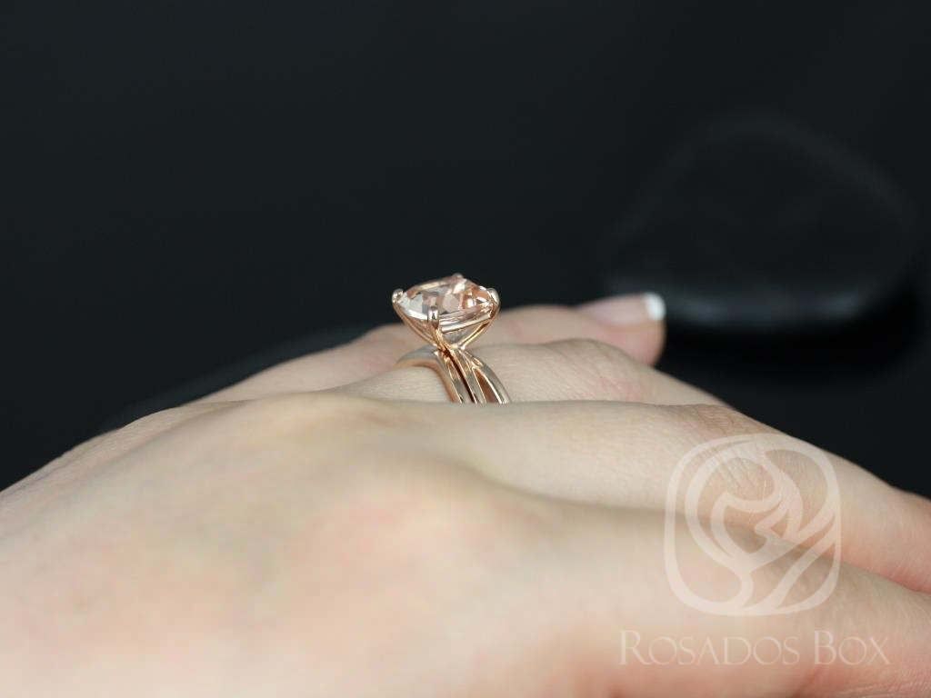 Rosados Box Ready to Ship Lacy 9mm 14kt Rose Gold Cushion Morganite Infinity Split Shank Solitaire Wedding Set Rings