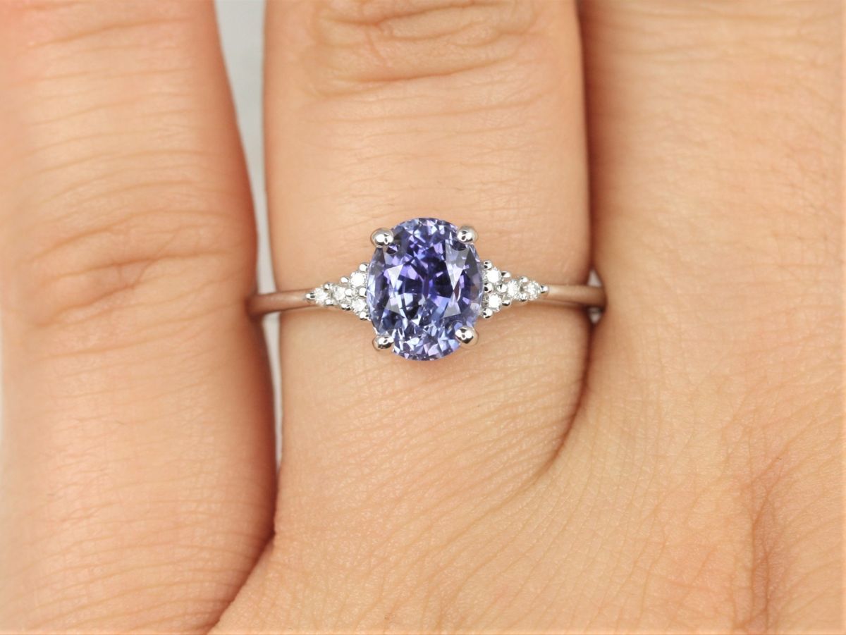 Rosados Box 2ct Ready to Ship Maddy 14kt White Gold Cornflower Lavender Sapphire Diamond Dainty Oval Cluster Ring