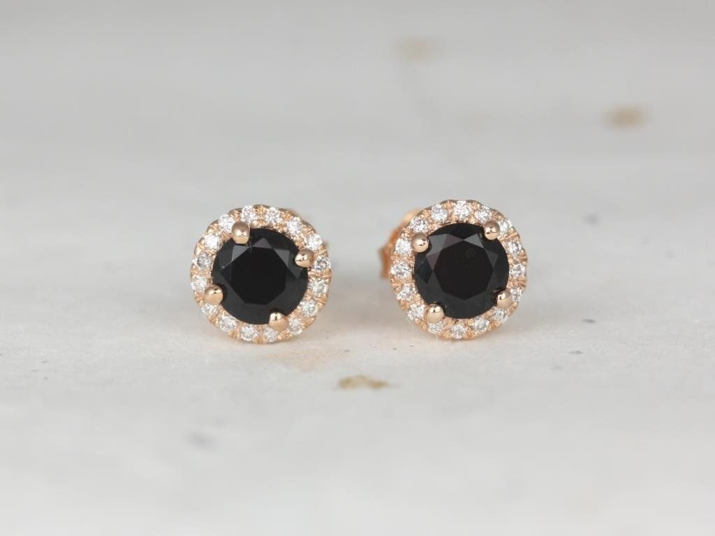 Rosados Box Ready to Ship Gemma 5mm 14kt Rose Gold Round Black Onyx and Diamonds Halo Stud Earrings