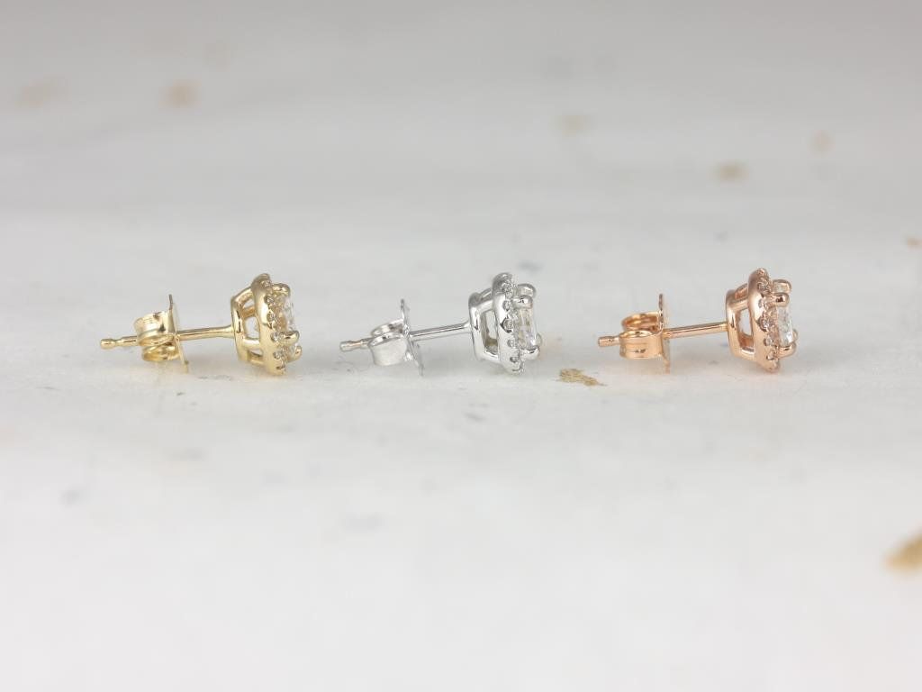 Rosados Box Ready to Ship Gemma 5mm 14kt ROSE Gold Round F1- Moissanite and Diamonds Halo Stud Earrings