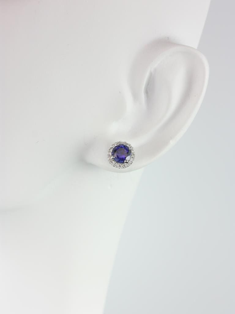 Rosados Box Gemma 5mm 14kt White Gold Round Blue Sapphire and Diamonds Halo Stud Earrings