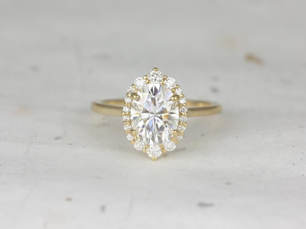 Rosados Box Electra 9x7mm 14kt Yellow Gold Oval Forever One Moissanite Diamonds Shield Graduated Halo Engagement Ring