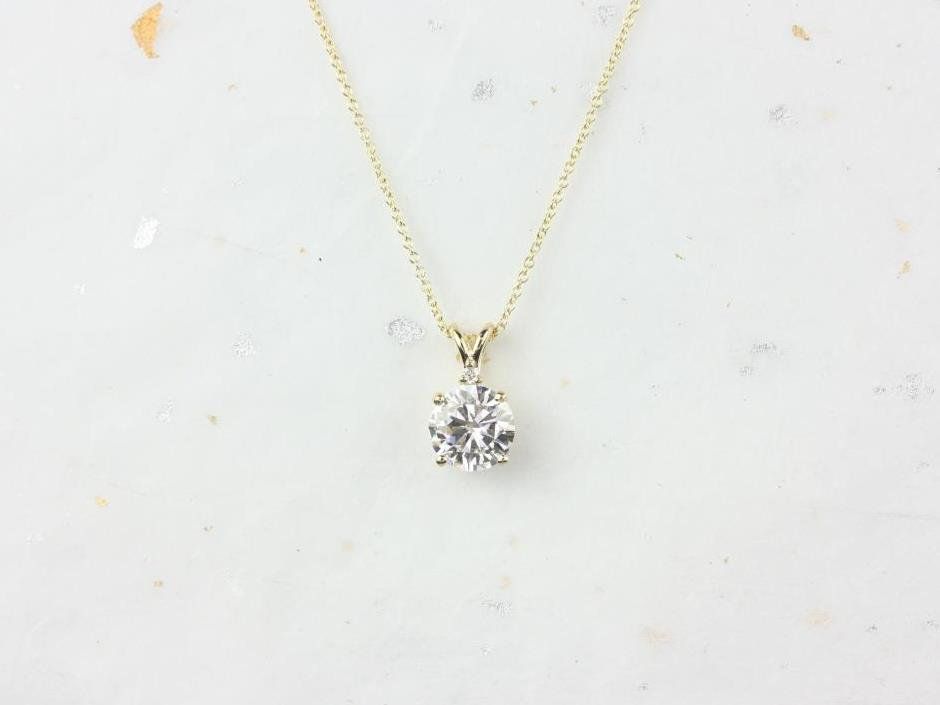 Rosados Box Ready to Ship Nicole 14kt WHITE Gold Round 8mm Forever One Moissanite and Diamond Solitaire Leaf Gallery Basket Necklace
