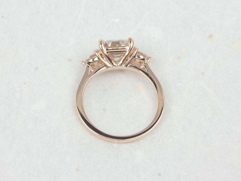 Minah 8mm 14kt Rose Gold Asscher & Round Moissanite 3 Stone Engagement Ring, Rosados Box 