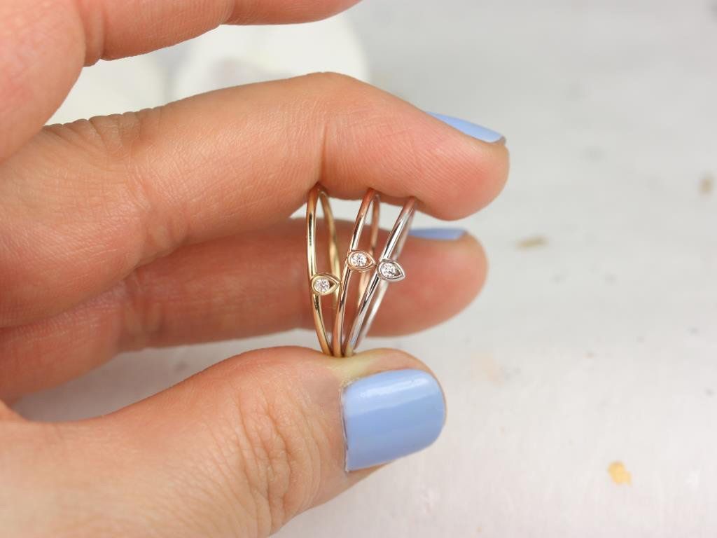 Rosados Box Ultra Petite Joy 14kt Gold Solitaire Diamond Pear Bezel Stacking Ring