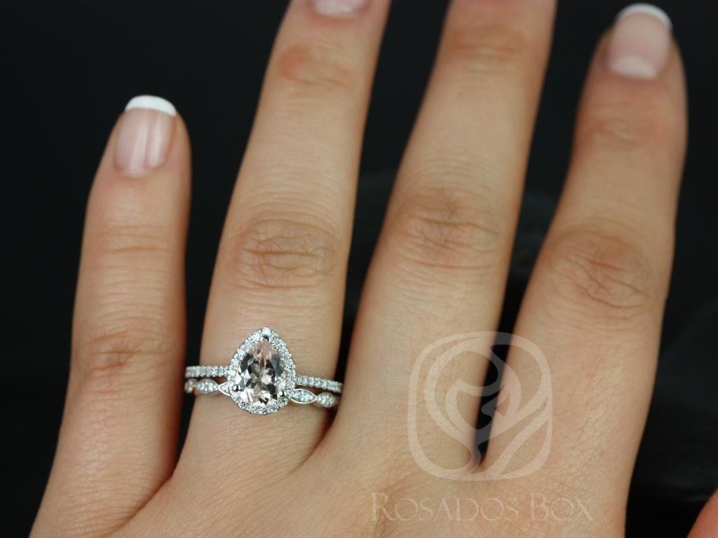 Rosados Box Ready to Ship Tabitha 8x6mm and Christie Band 14kt White Gold Pear Morganite and Diamonds Halo Wedding Set