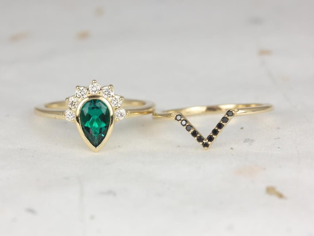 Rosados Box Oana 8x5mm & Venus 14kt Yellow Gold Pear Emerald Diamonds Sapphire Bezel Crescent Half Halo Wedding Set 