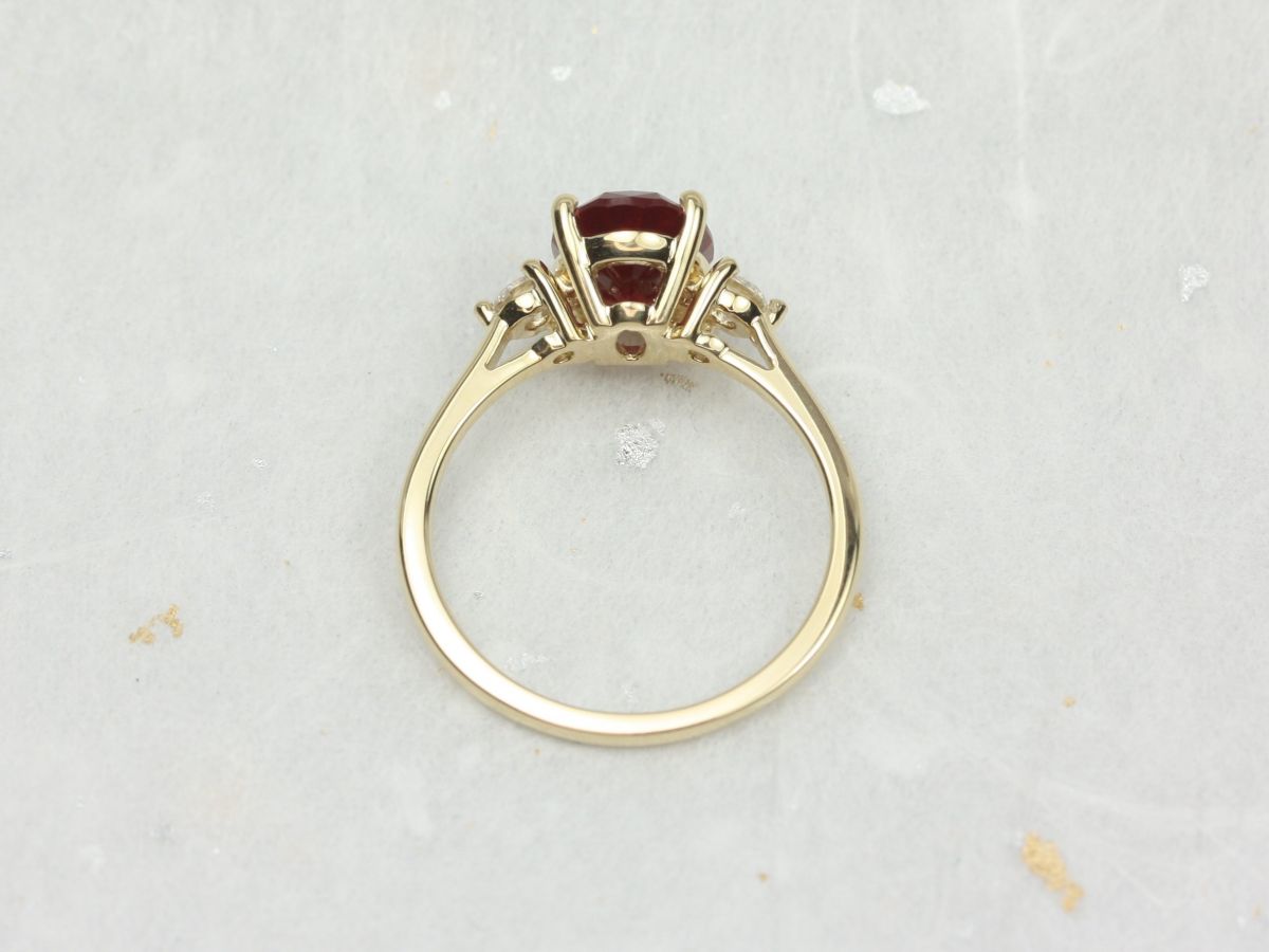 Gloria 9x7mm 14kt Yellow Gold  Ruby Diamonds Three Stone Oval Ring by Rosados Box