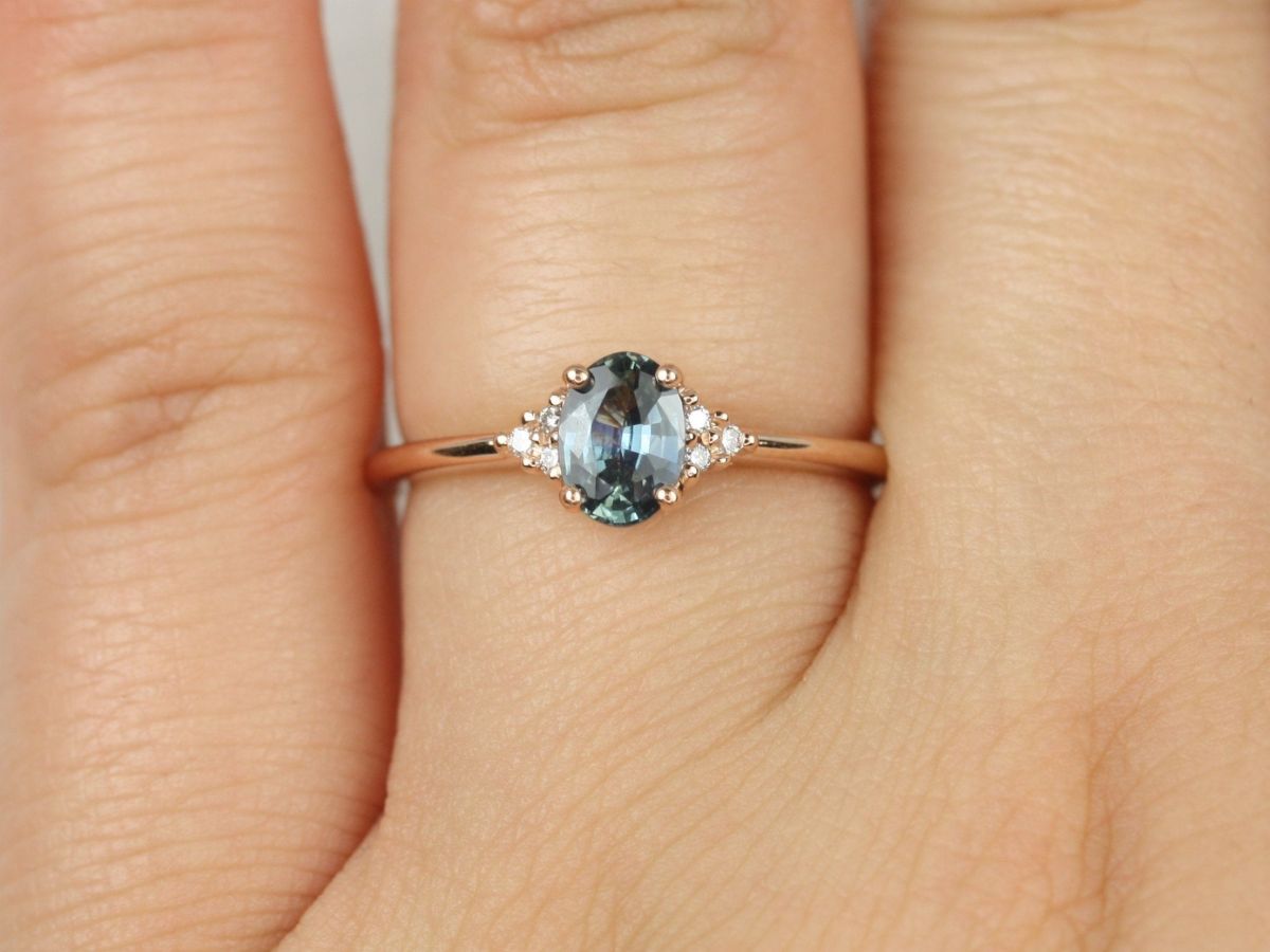 0.71ct Ready to Ship Juniper 14kt Rose Gold Ocean Blue Sapphire Diamond Oval Cluster Ring
