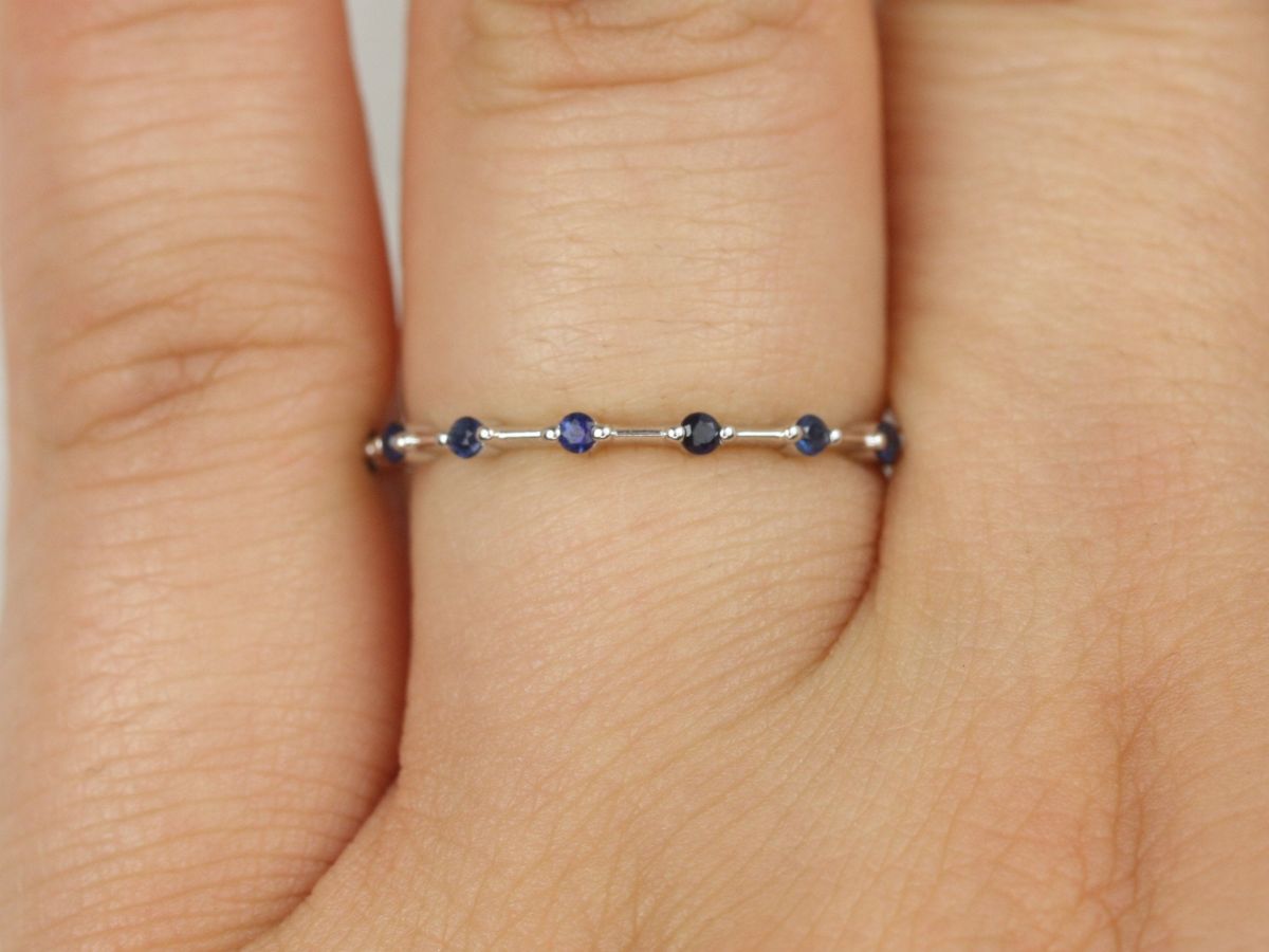 Rosados Box Boney 14kt Solid White Gold Blue Sapphire Single Prong Floating Dainty Thin HALFWAY Eternity Band Ring