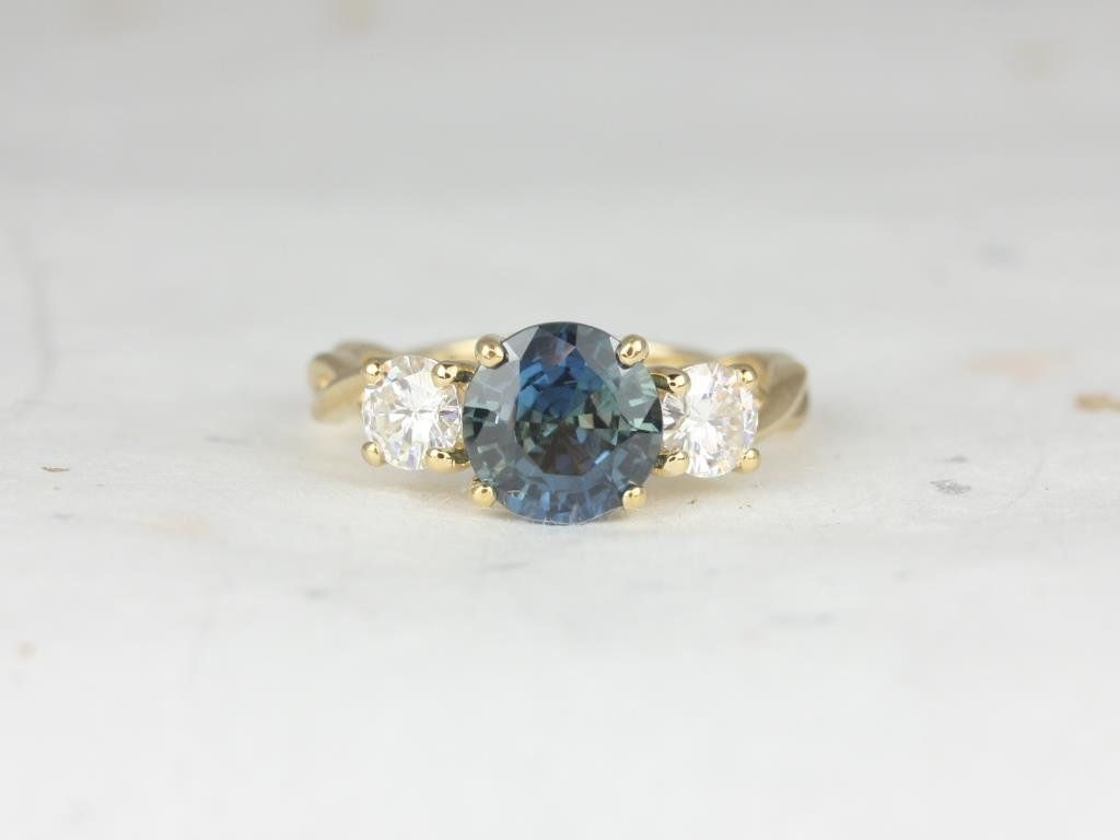 Rosados Box Ready to Ship Cameron 2.30cts 14kt Yellow Gold Round Teal Blue Sapphire & Forever One Moissanite 3 Stone Twisted Engagement Ring