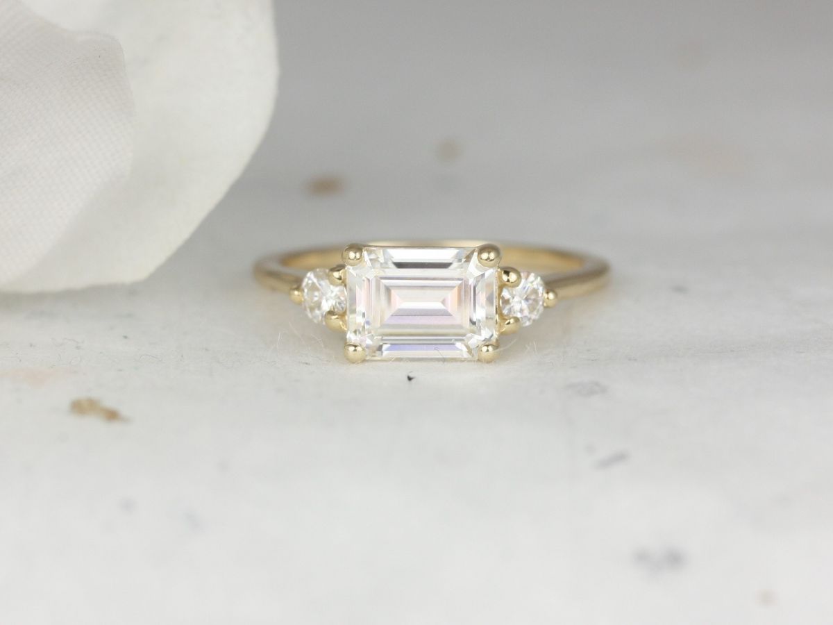 Rosados Box Saint 8x6mm 1.75cts 14kt Gold Forever One Moissanite Dainty Unique 3 Stone Emerald Engagement Ring
