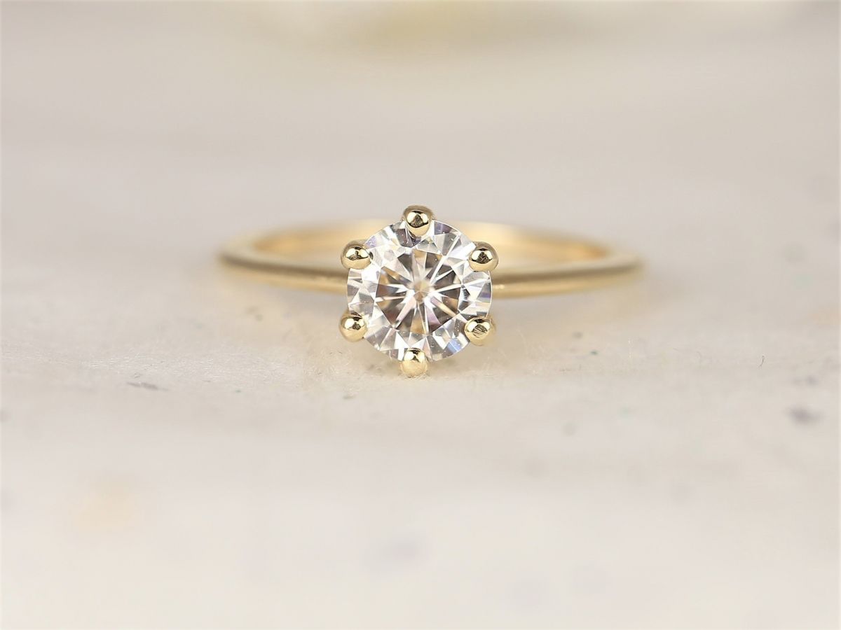1ct Skinny Webster 6.5mm 14kt Gold Moissanite Six Prong Solitaire Ring by Rosados Box