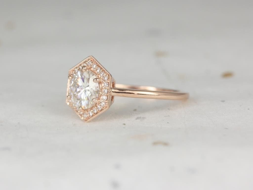 Rosados Box Willis 7mm 14kt Rose Gold Round Moissanite Diamonds Hexagon Halo WITH Milgrain Engagement Ring