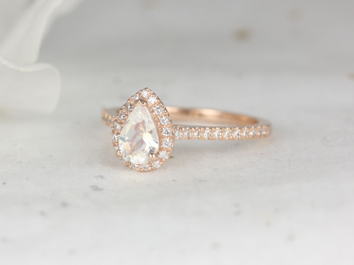 Rosados Box Tabitha 7x5mm 14kt Rose Gold Rainbow Moonstone Diamonds Dainty Micropave Pear Halo Engagement Ring