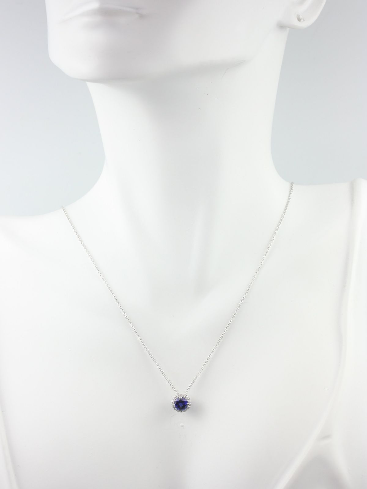 Rosados Box Gemma 5mm 14kt White Gold Round Blue Sapphire and Diamonds Halo Floating Necklace