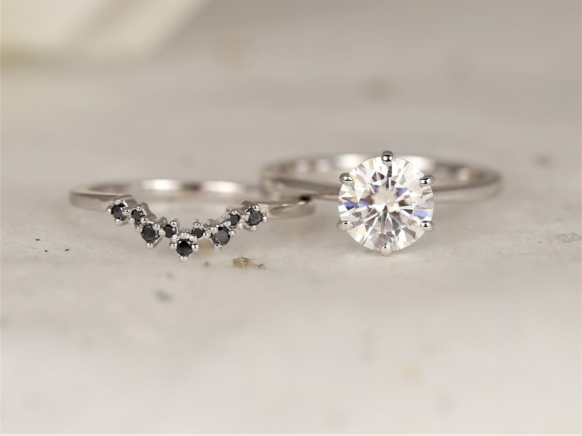 1.50ct Wendy 7.5mm & Remy 14kt Moissanite Black Diamond Six Prong Round Solitaire Bridal Set 