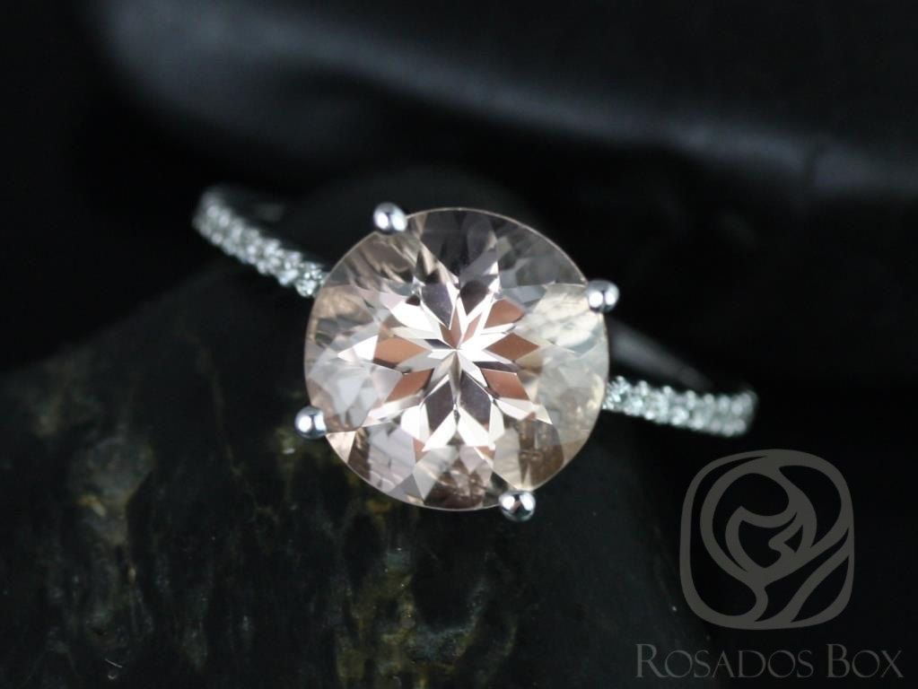 Ready to Ship Eloise 10mm 14kt YELLOW Gold Morganite Diamonds Dainty Thin Cathedral Round Solitaire Accent Engagement Ring,Rosados Box
