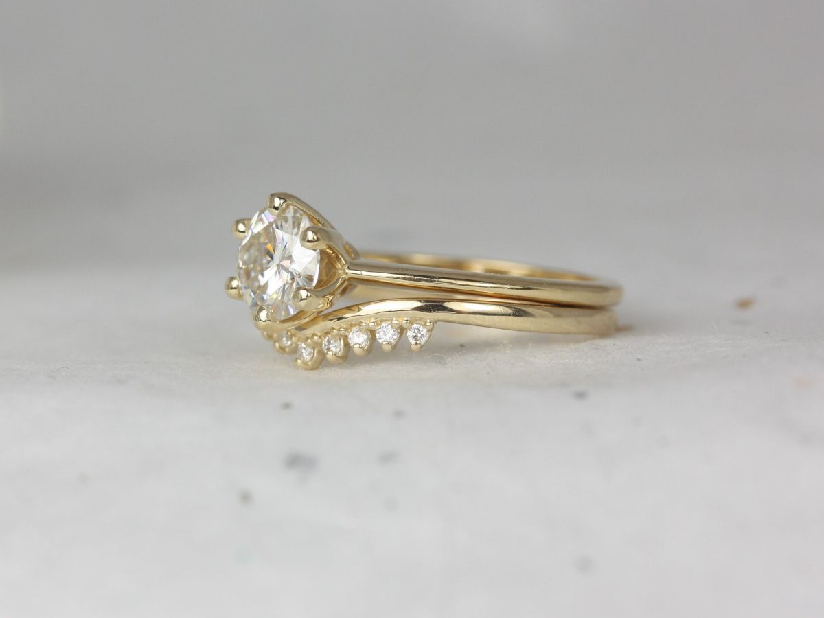 1ct Skinny Webster & Lonnie 14kt Gold Round Moissanite Diamond Six Prong Round Solitaire Bridal Set by Rosados Box