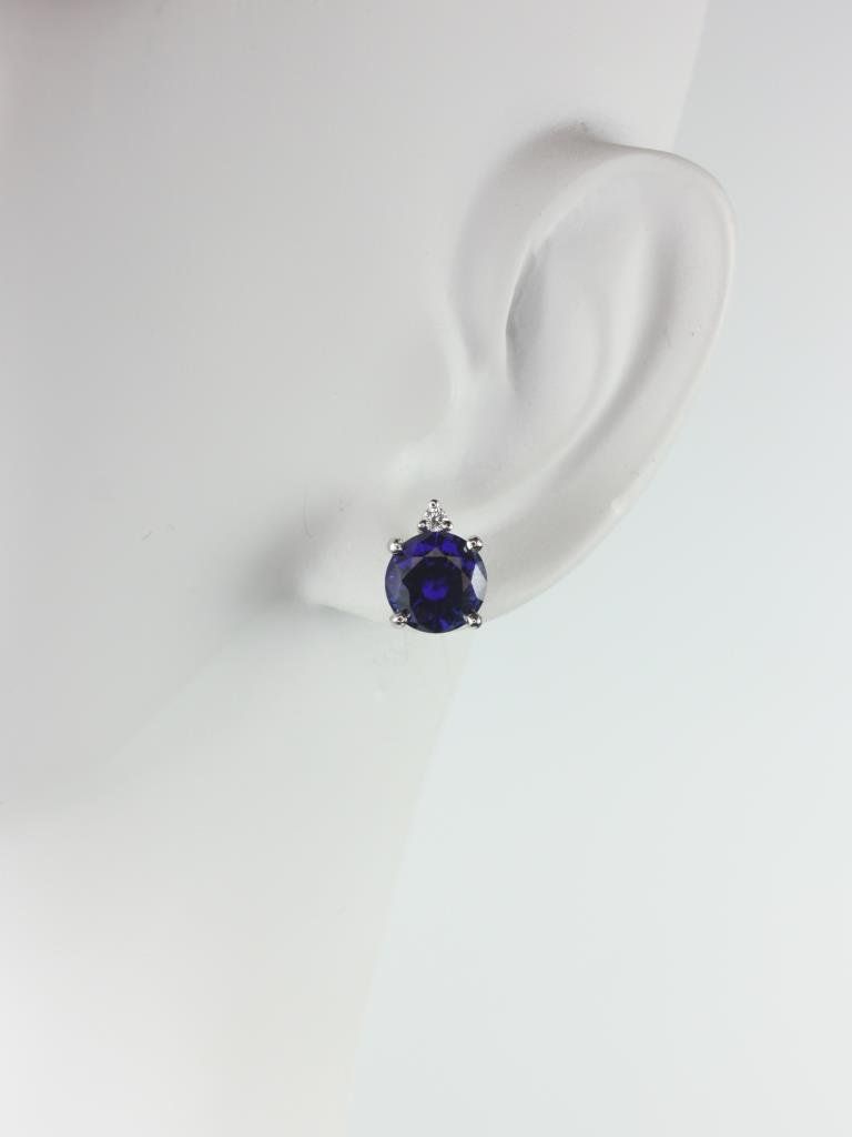 Rosados Box Ready to Ship Nicole 14kt White Gold 7mm Round Blue Sapphire and Diamond Stud Earrings