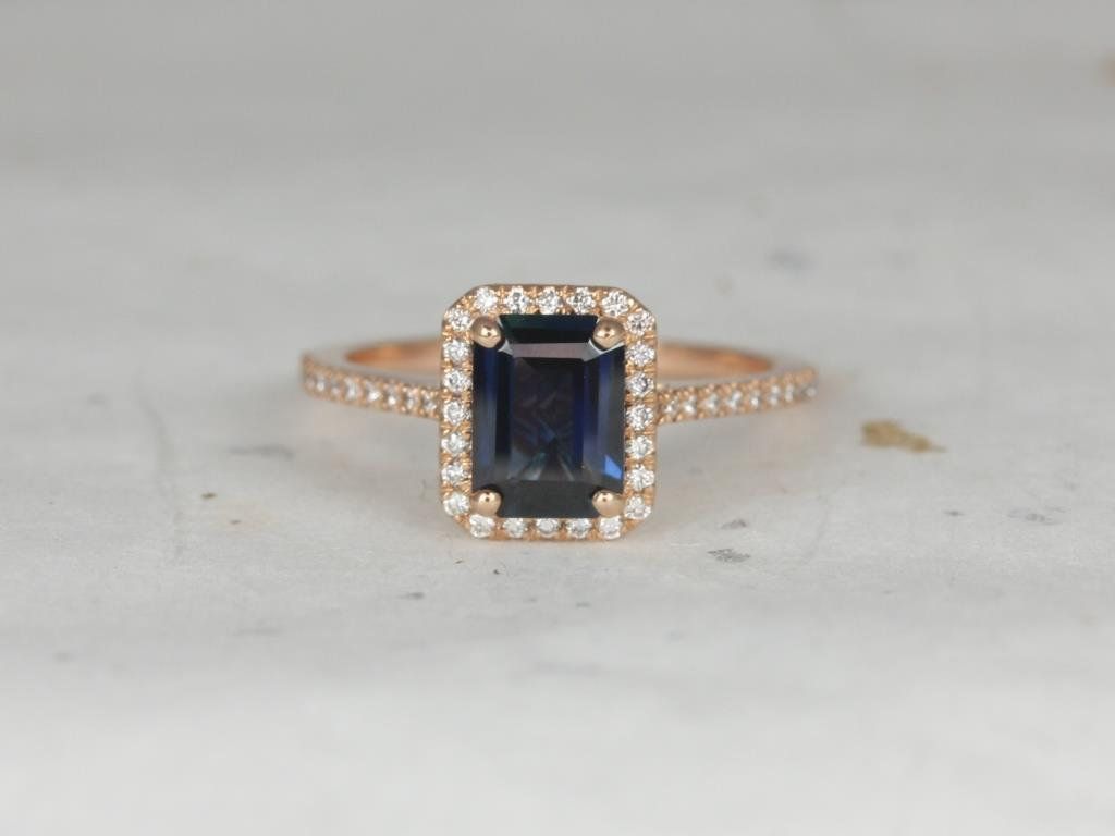 Rosados Box Ready to Ship Lisette 1.38cts 14kt Rose Gold Teal Blue Sapphire and Diamonds Emerald Halo Engagement Ring