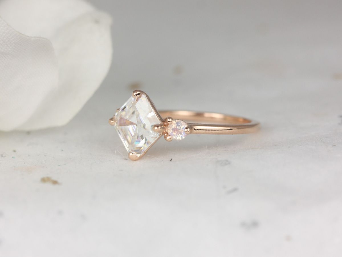 Rosados Box Maxine 8mm 2.20cts 14kt Rose Gold Forever One Moissanite Moonstone Round Dainty 3 Stone Asscher Engagement Ring