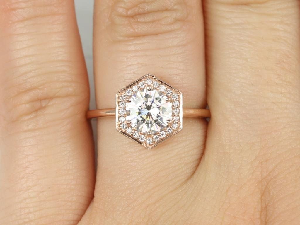 Rosados Box Willis 7mm 14kt Rose Gold Round Moissanite Diamonds Hexagon Halo WITHOUT Milgrain Engagement Ring