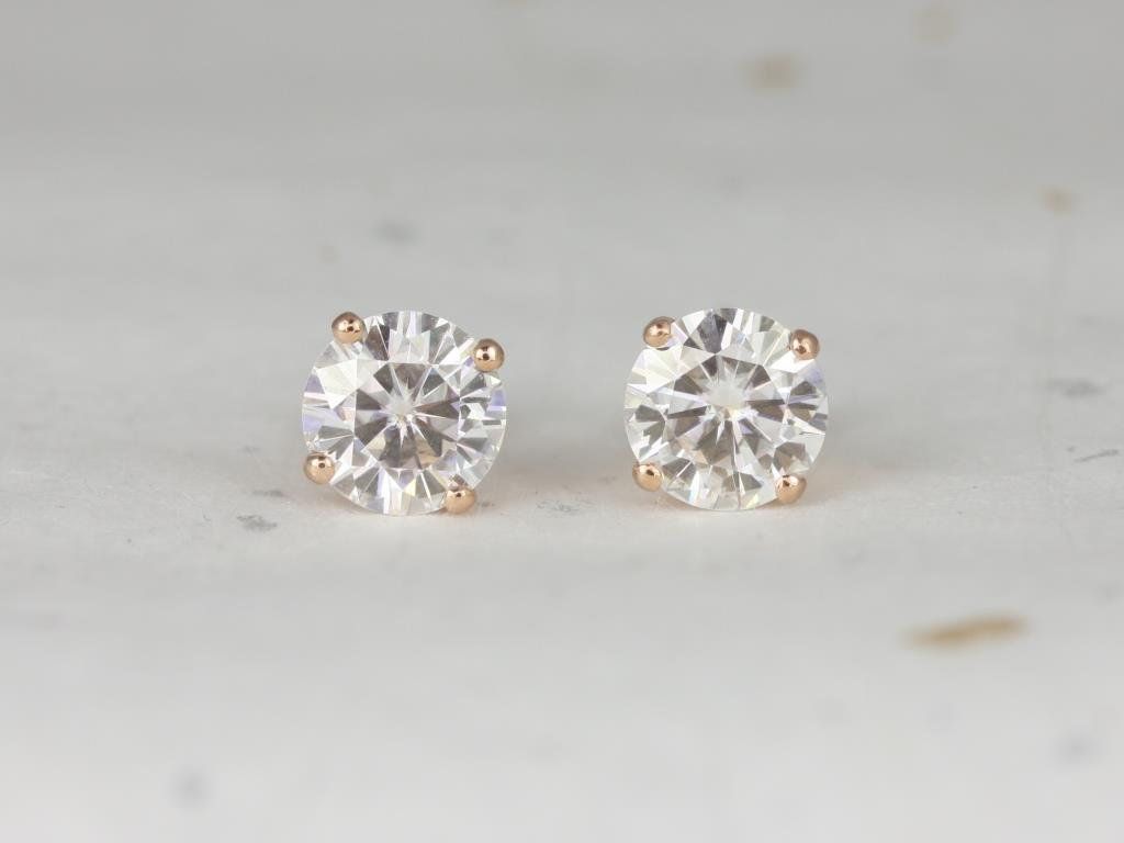 Rosados Box Ready to Ship Donna 8mm 14kt YELLOW Gold Round Forever One Moissanite Leaf Gallery Basket Stud Earrings