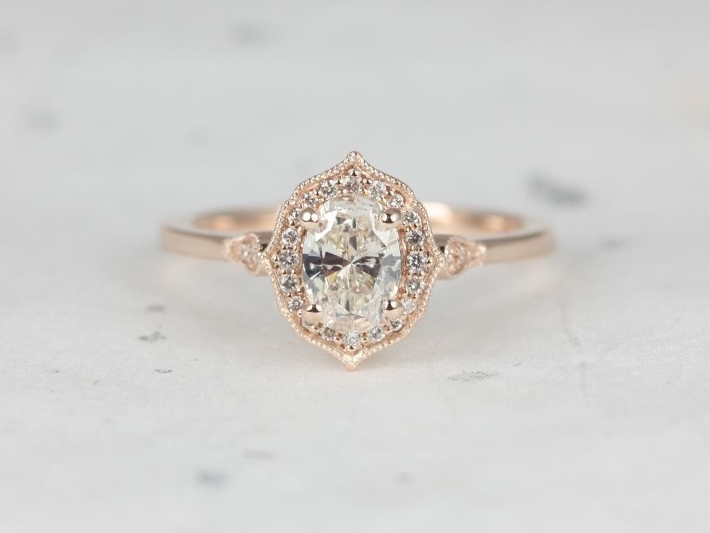 Rosados Box Ready to Ship Mae 0.59cts 14kt Rose Gold Oval Diamond Vintage Halo WITH Milgrain Engagement Ring