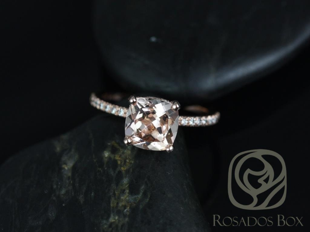 Rosados Box Ready to Ship Heidi 8mm 14kt Rose Gold Cushion Morganite and Diamond Basket Engagement Ring