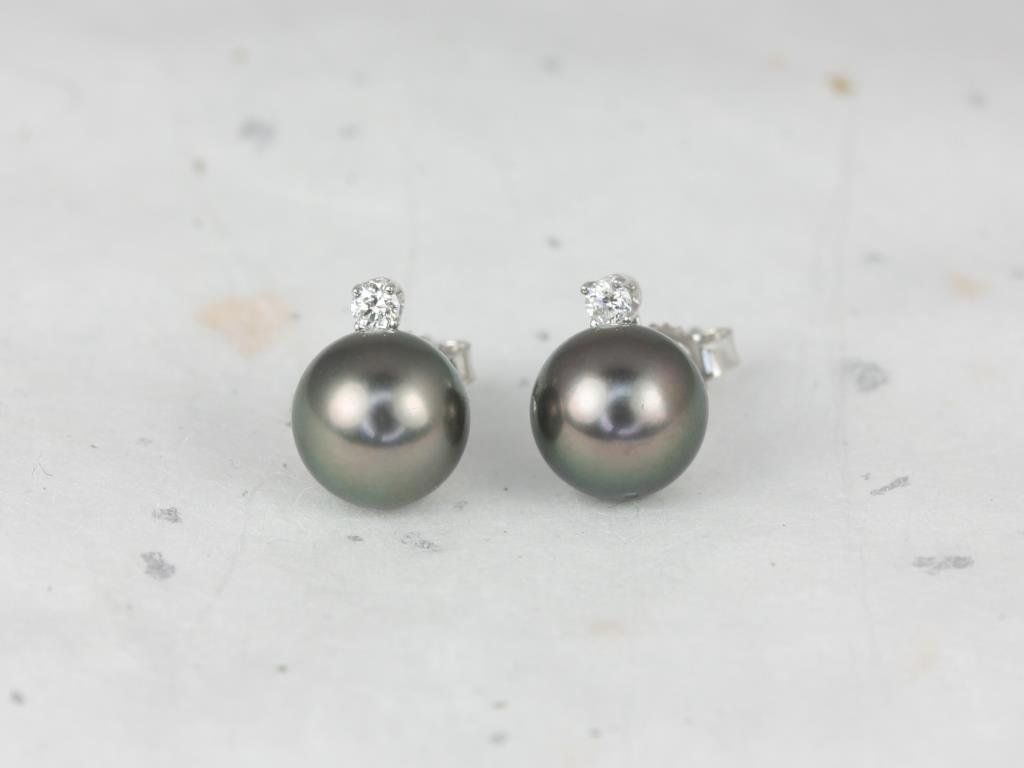 Rosados Box Ready to Ship Tahitian Black Pearl 8-8.5mm & Diamond 14kt White Gold Classic Stud Earrings (Basics Collection)