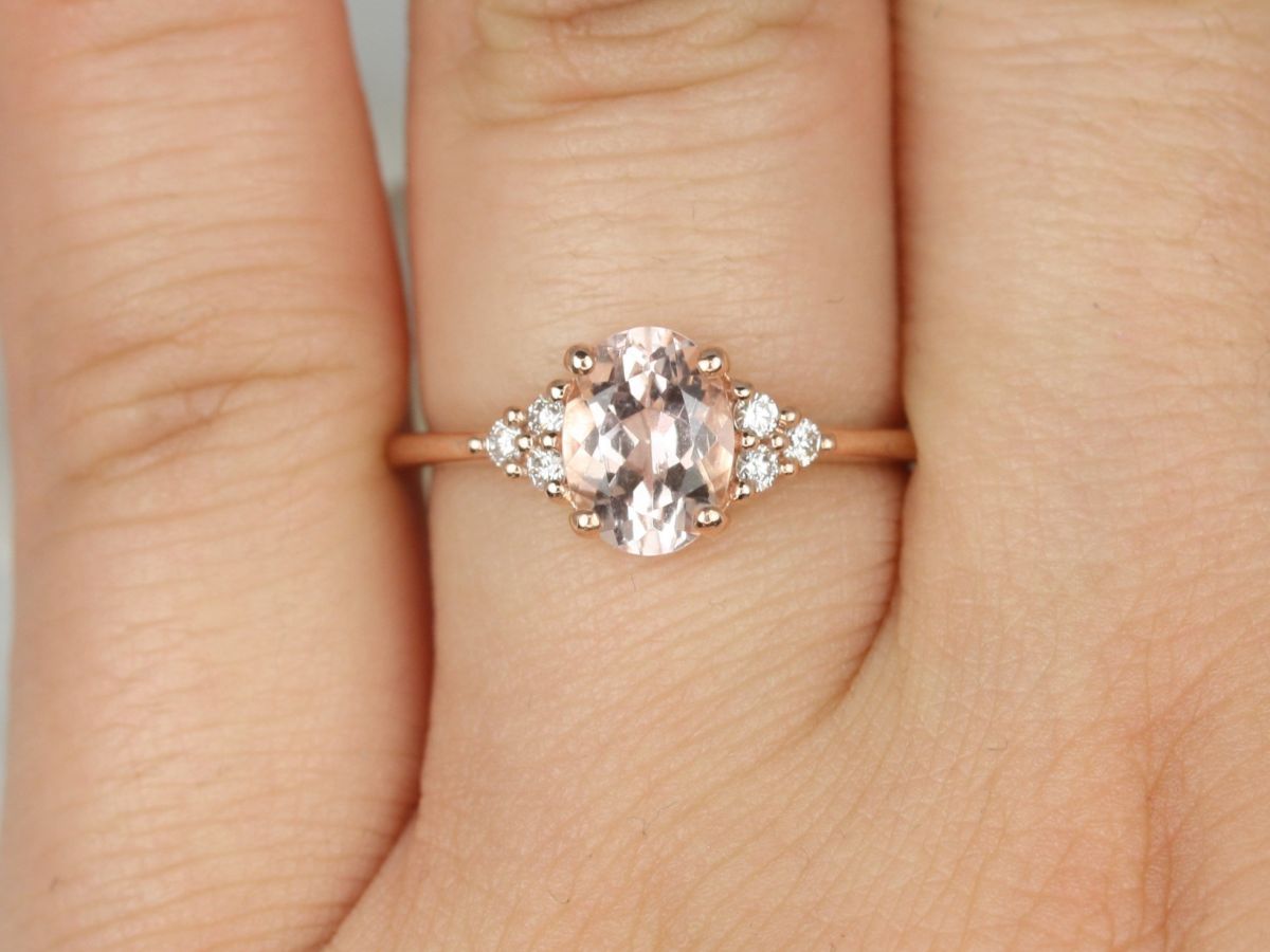 Rosados Box Juniper 8x6mm 14kt Rose Gold Morganite Diamonds Dainty Oval Cluster 3 Stone Engagement Ring