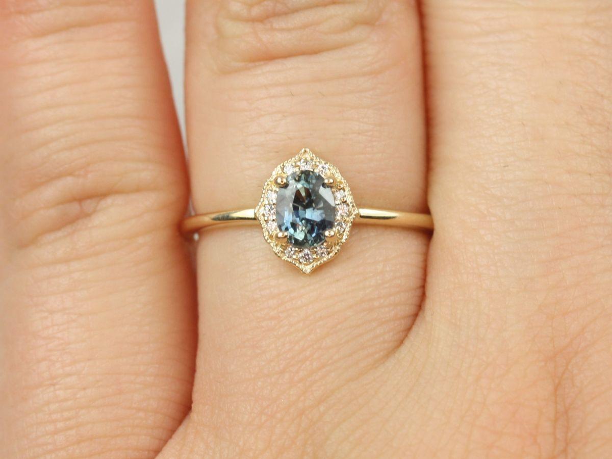 0.71ct Ready to Ship Mini Mae 14kt Gold Ocean Teal Sapphire Diamond  WITH Milgrain Art Deco Oval Halo Ring