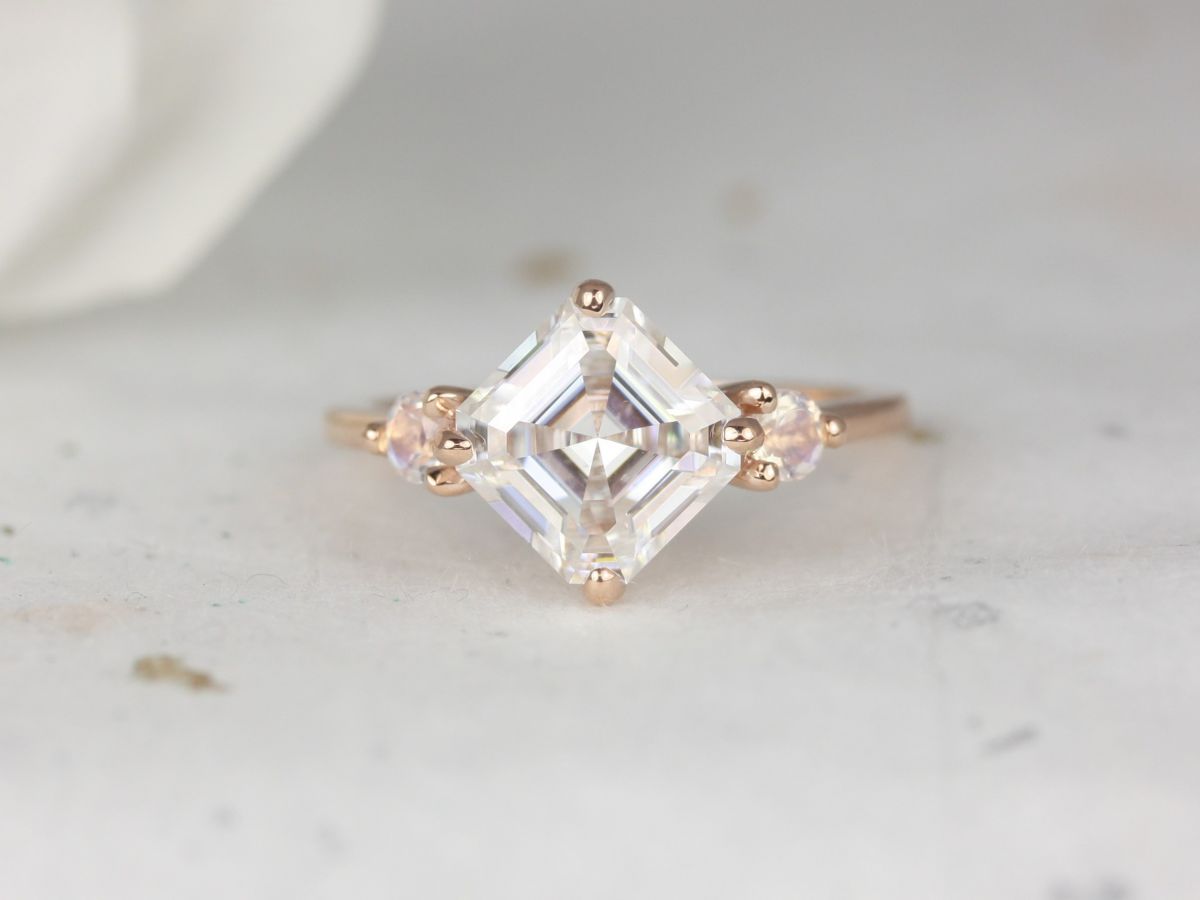 Rosados Box Maxine 8mm 2.20cts 14kt Rose Gold Forever One Moissanite Moonstone Round Dainty 3 Stone Asscher Engagement Ring