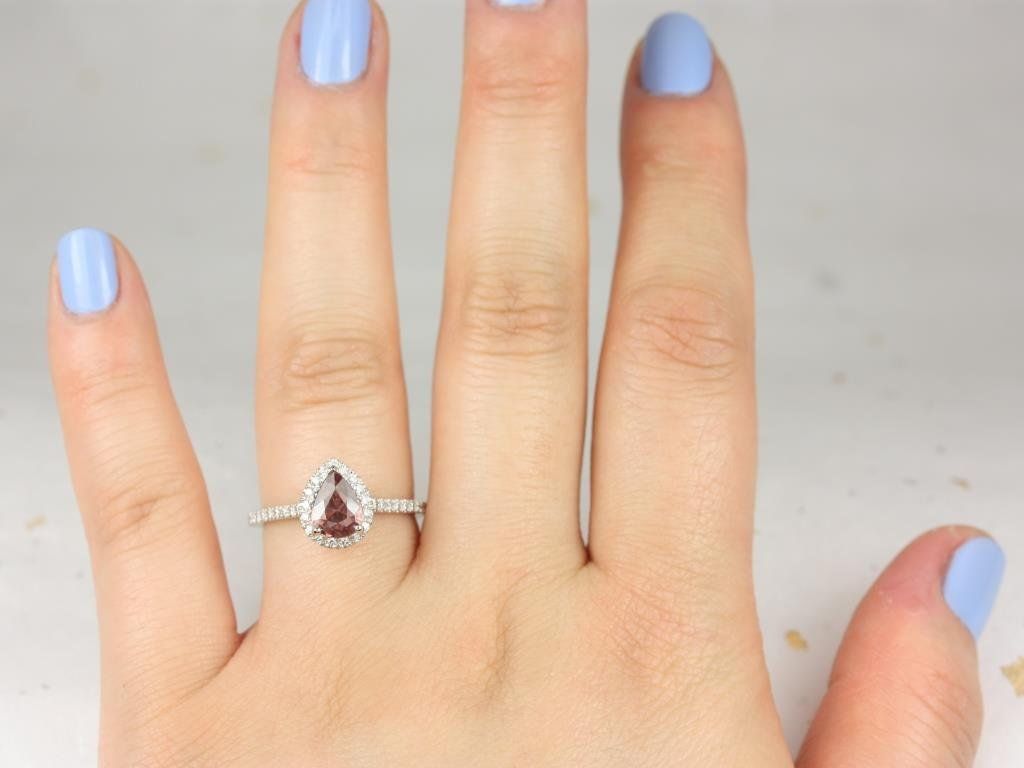 Rosados Box Ready to Ship Tabitha 1.01cts 14kt White Gold Pear Vintage Burgundy Red Sapphire Diamonds Halo Engagement Ring